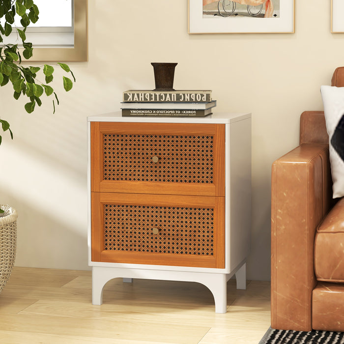 2 Pack Boho Nightstands with 2 Handwoven Rattan Decorated Drawers-