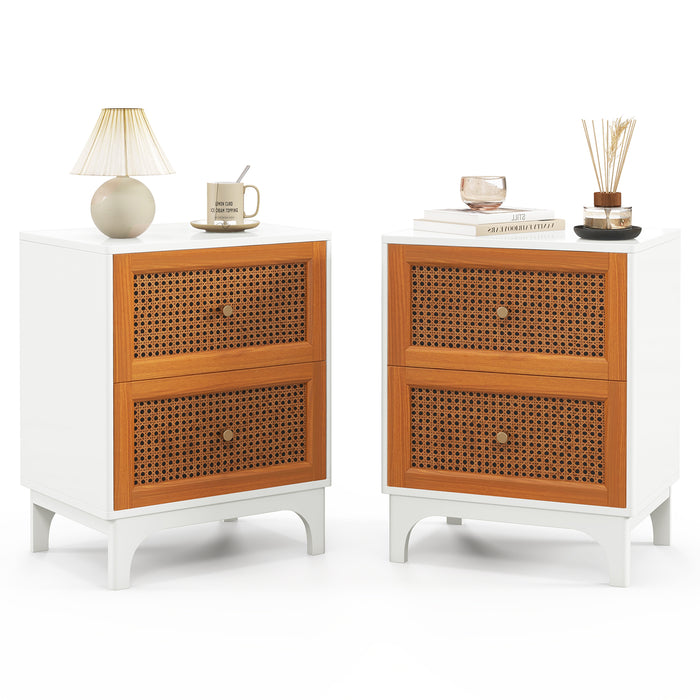 2 Pack Boho Nightstands with 2 Handwoven Rattan Decorated Drawers-