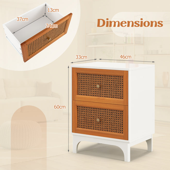 2 Pack Boho Nightstands with 2 Handwoven Rattan Decorated Drawers-