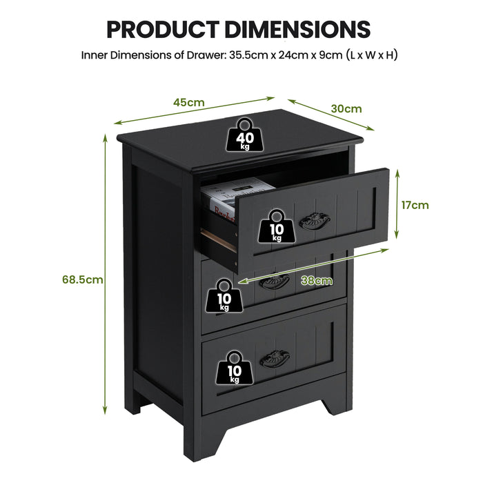 2 Pack Vintage 3-Tier Nightstand with Exquisite Metal Handles-Black