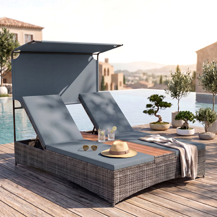 2-Person Rattan Sun Lounger with Canopy and Central Table-