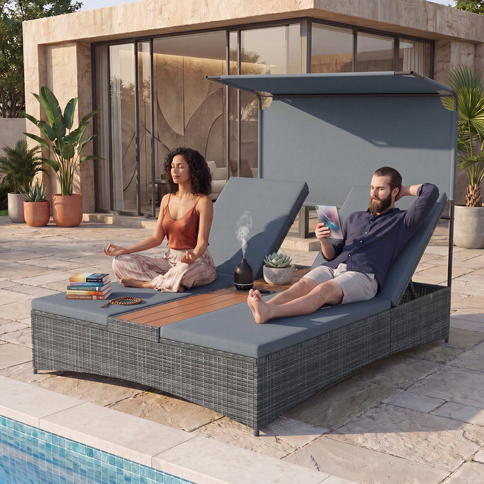 2-Person Rattan Sun Lounger with Canopy and Central Table-