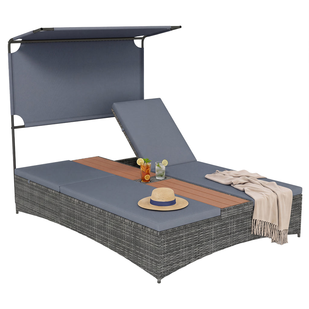 2-Person Rattan Sun Lounger with Canopy and Central Table-