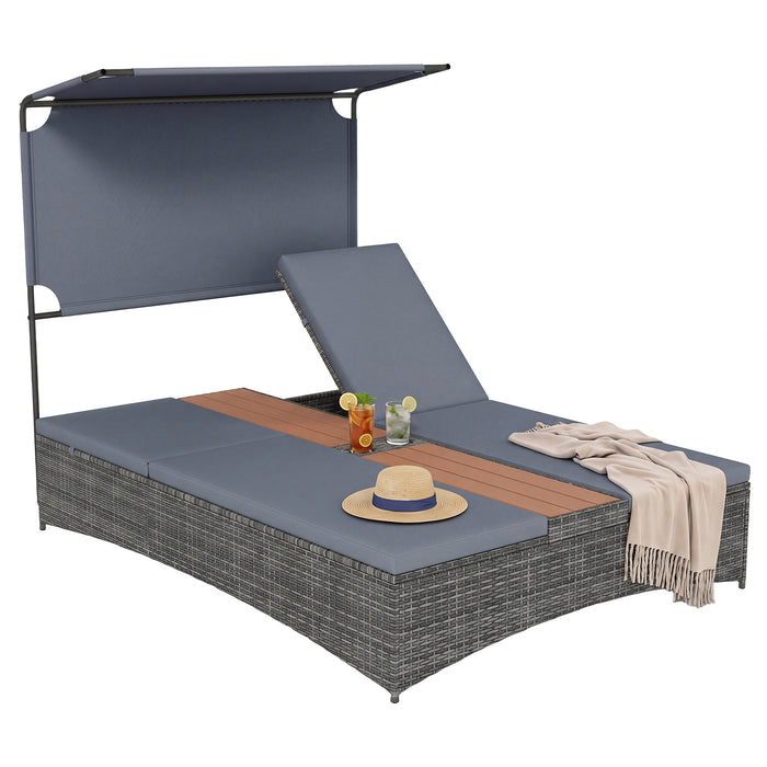 2-Person Rattan Sun Lounger with Canopy and Central Table-