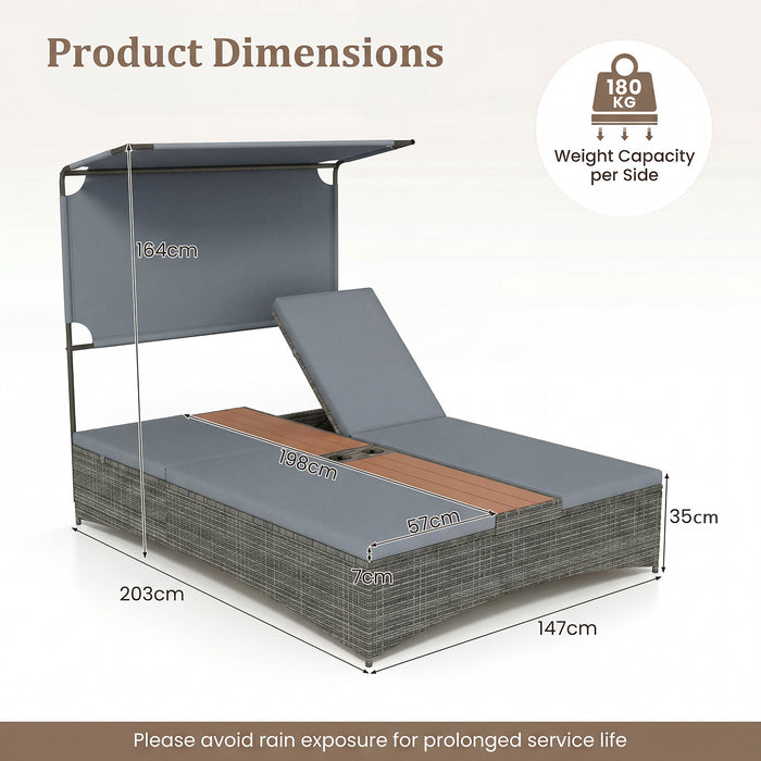 2-Person Rattan Sun Lounger with Canopy and Central Table-