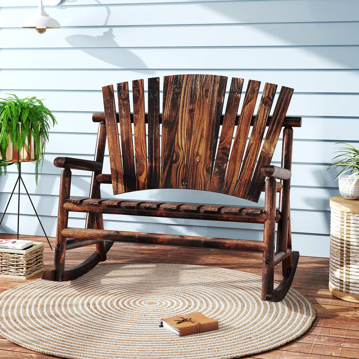 2-Person Outdoor Adirondack Rocking Chair with High Back and Slatted Seat-