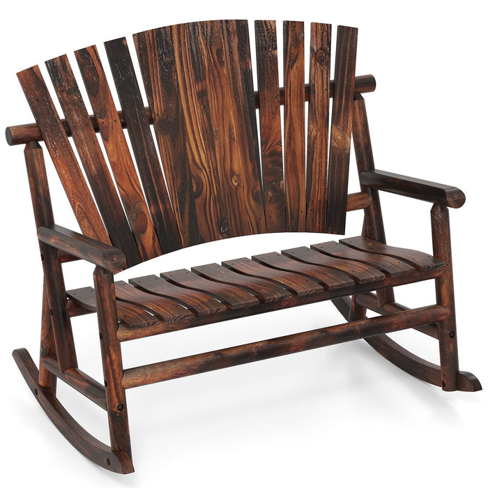 2-Person Outdoor Adirondack Rocking Chair with High Back and Slatted Seat-