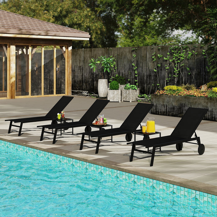2-Piece Patio Chaise Lounge Set with Tempered Glass Table and Wheels-