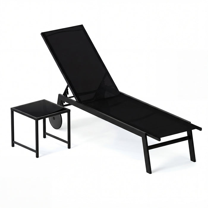 2-Piece Patio Chaise Lounge Set with Tempered Glass Table and Wheels-