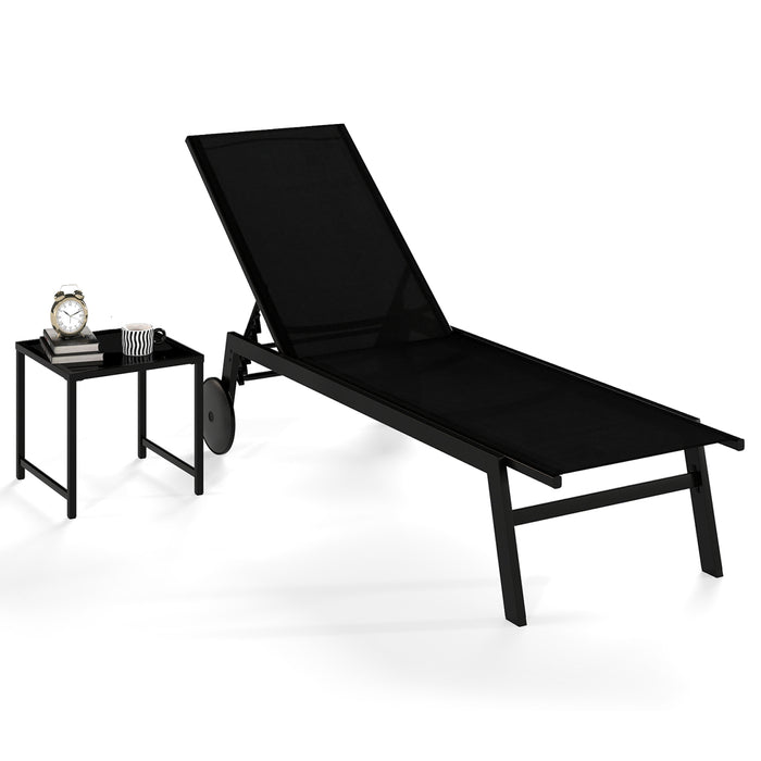 2-Piece Patio Chaise Lounge Set with Tempered Glass Table and Wheels-