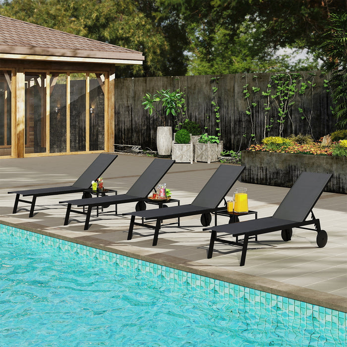 2-Piece Patio Chaise Lounge Set with Tempered Glass Table and Wheels-