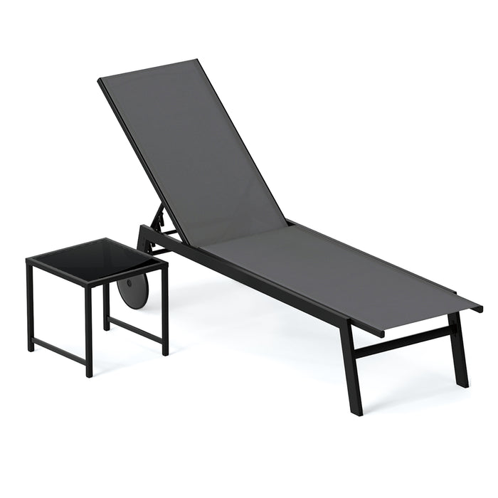 2-Piece Patio Chaise Lounge Set with Tempered Glass Table and Wheels-