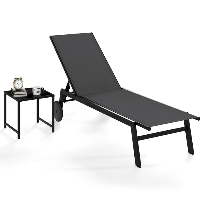 2-Piece Patio Chaise Lounge Set with Tempered Glass Table and Wheels-