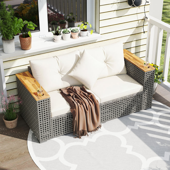 2-Piece Patio Corner Sofa Set Outdoor Sectional Wicker Loveseat with Thick Cushions-White