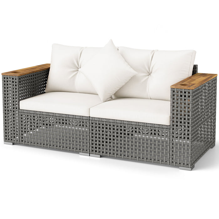 2-Piece Patio Corner Sofa Set Outdoor Sectional Wicker Loveseat with Thick Cushions-White
