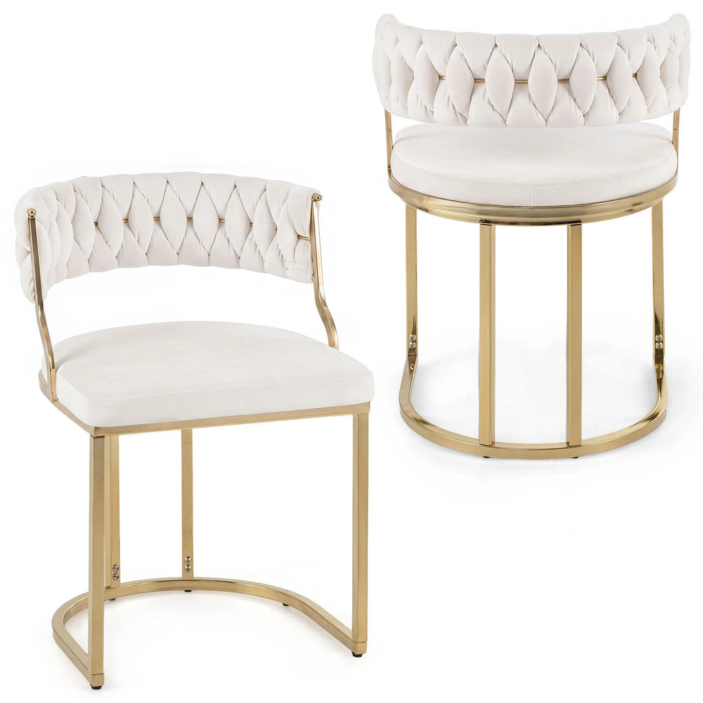 2 Pieces Velvet Dining Chairs with Curved Back and Metal Base-