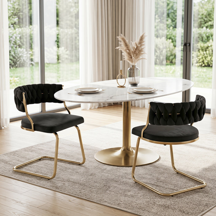 2 Pieces Velvet Dining Chairs with Curved Back and Sled Metal Base-