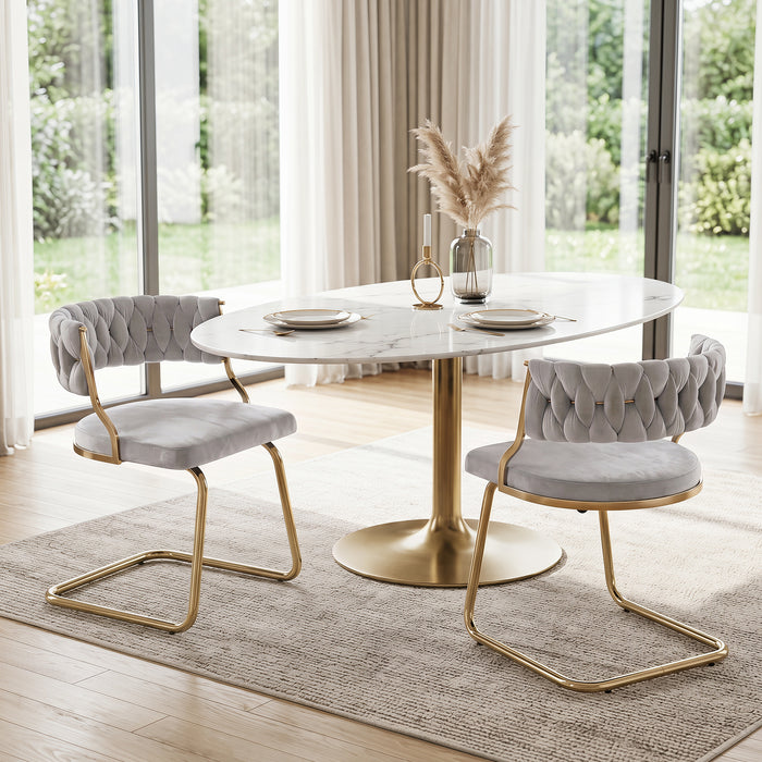 2 Pieces Velvet Dining Chairs with Curved Back and Sled Metal Base-