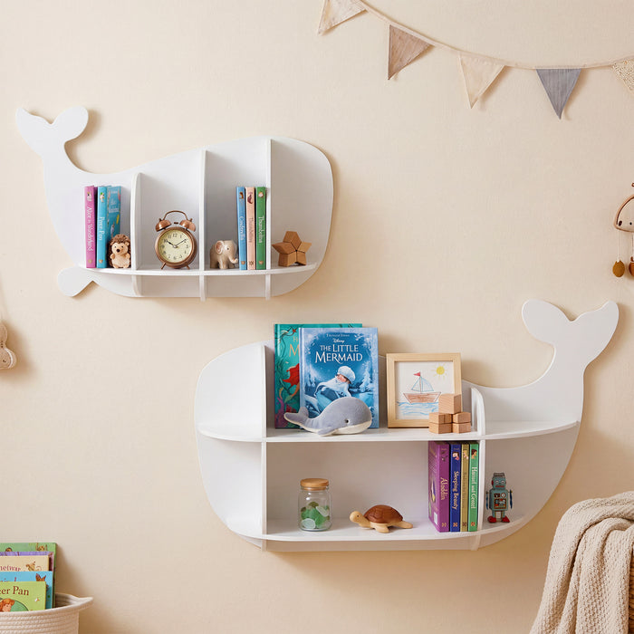 2 Pieces Whale Floating Shelves with Compartments for Kid's Room-