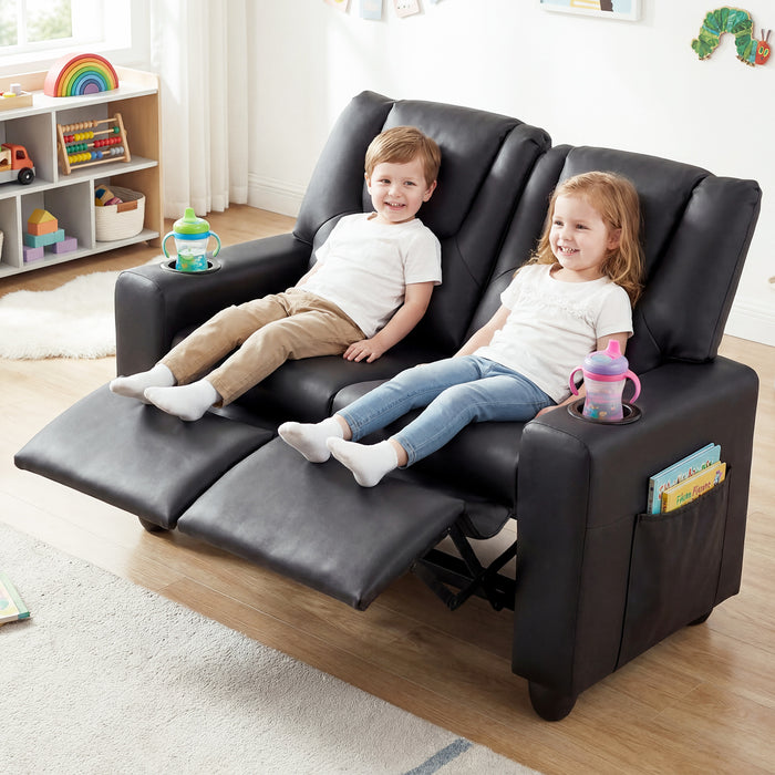 2-Seater Kids Recliner with Cup Holders & Storage Pockets and Adjustable Backrest-Beige