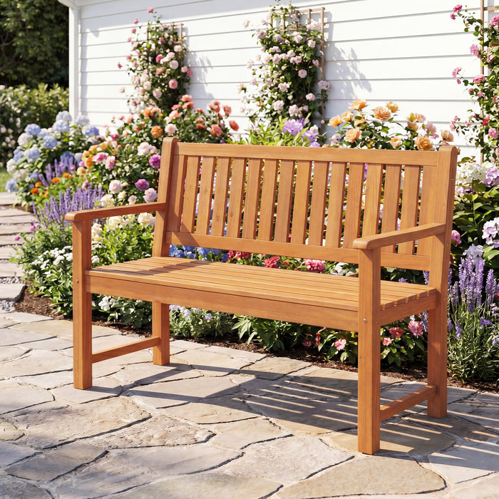 2-Seater Outdoor Wooden Bench Garden Loveseat Bench with Backrest-Yellow