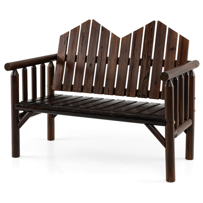 2-Seater Patio Bench Solid Wood Loveseat with Inclined Backrest and Armrests-Dark Brown
