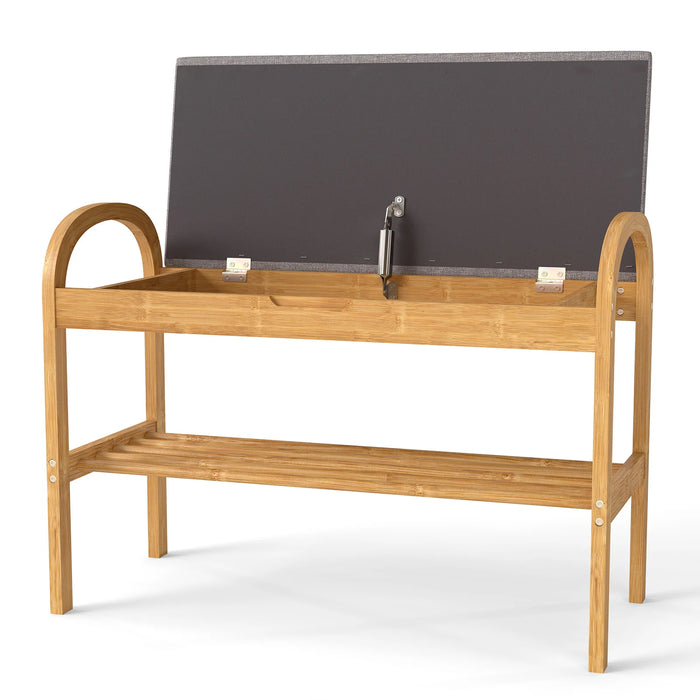 2-Tier Bamboo Shoe Bench with Storage with Padded Cushion and Shelf-Grey