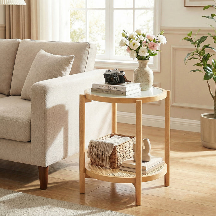 2-Tier Boho End Table with Tempered Glass Top for Living Room-Walnut