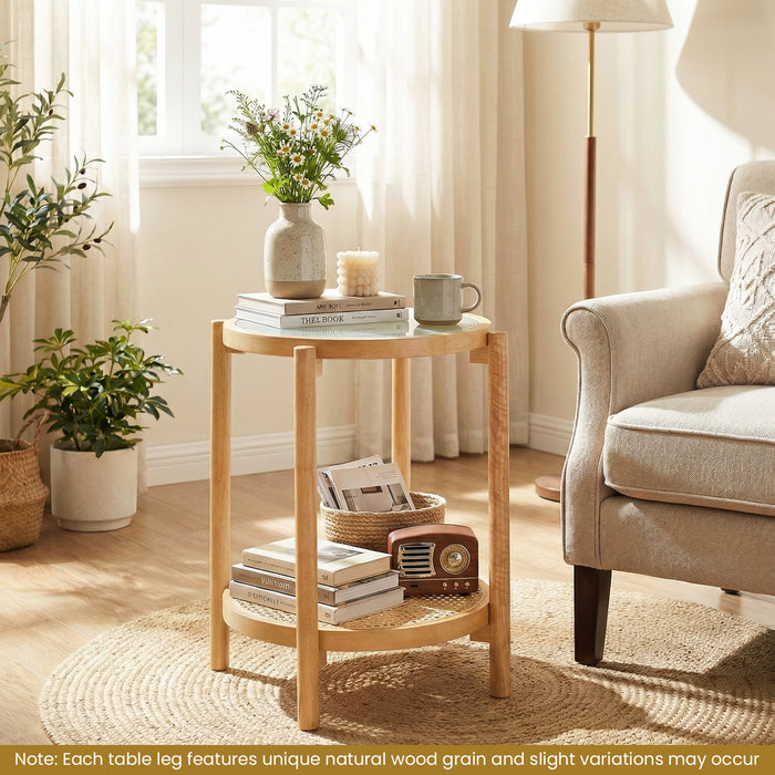 2-Tier Boho End Table with Tempered Glass Top for Living Room-Walnut
