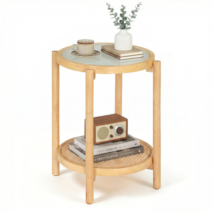 2-Tier Boho End Table with Tempered Glass Top for Living Room-Walnut