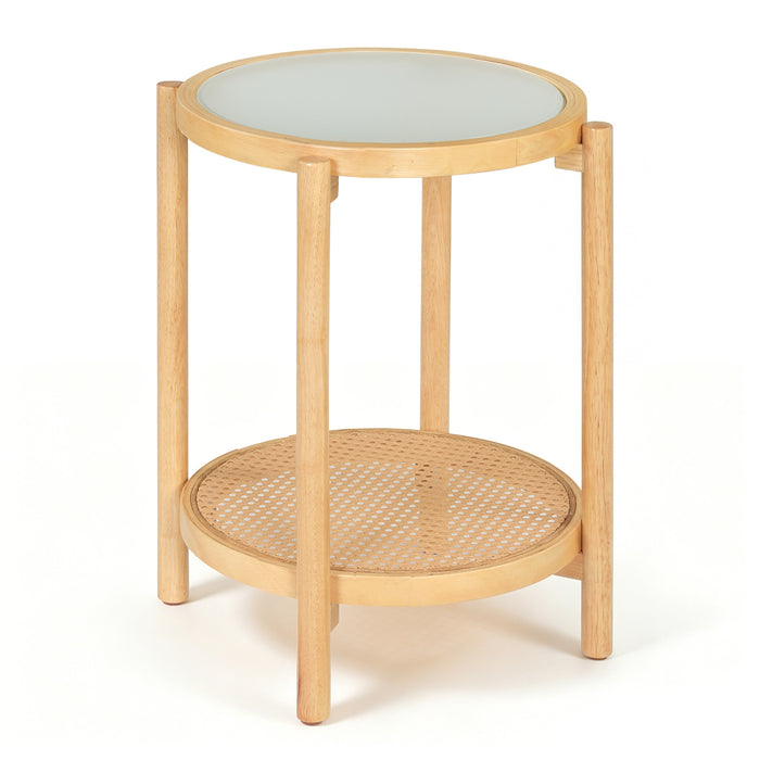 2-Tier Boho End Table with Tempered Glass Top for Living Room-Walnut