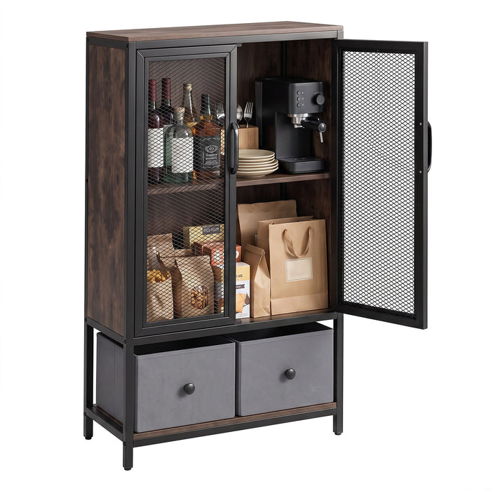 2-Tier Coffee Bar Cabinet with Spacious Countertop and 2 Fabric Drawers-Rustic Brown