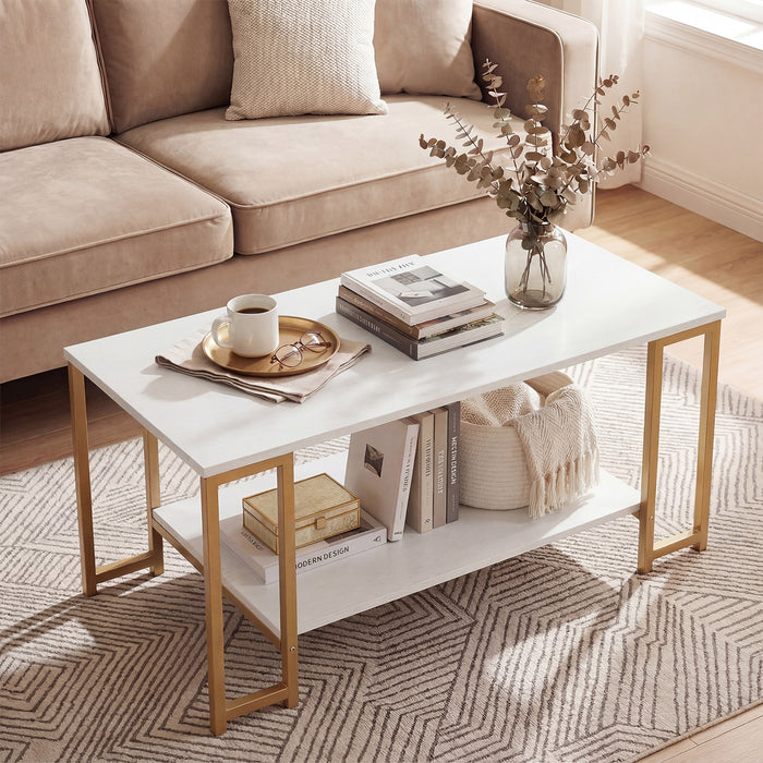 2-Tier Coffee Table Modern Accent Table with Open Storage Shelf Center Table-Brown