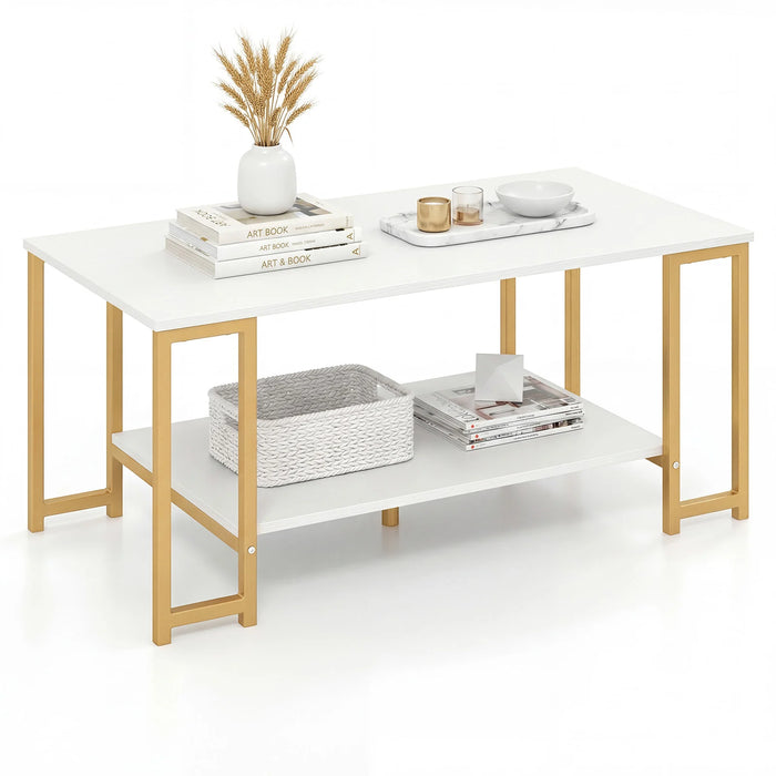 2-Tier Coffee Table Modern Accent Table with Open Storage Shelf Center Table-Brown