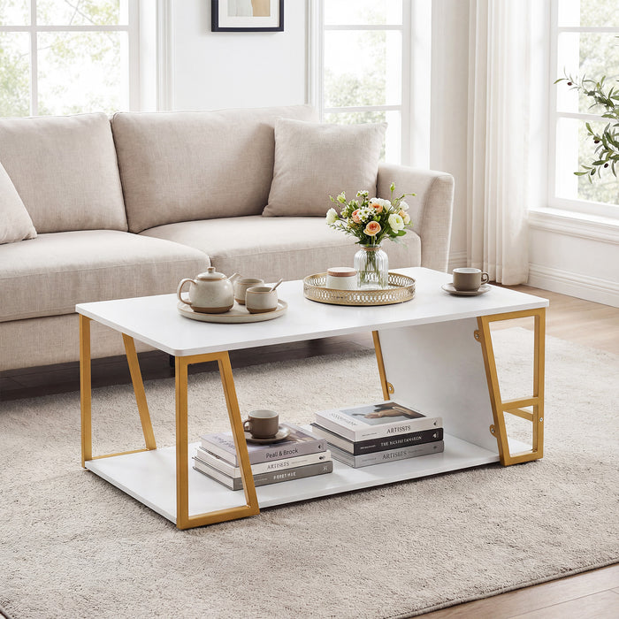 2-Tier Coffee Table with Storage Shelf and Open Compartment-Natural