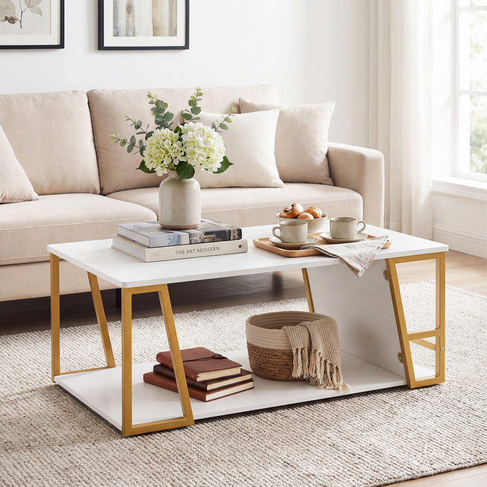 2-Tier Coffee Table with Storage Shelf and Open Compartment-Natural