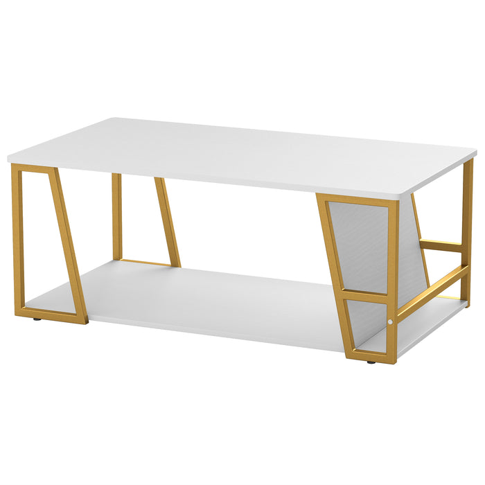 2-Tier Coffee Table with Storage Shelf and Open Compartment-Natural