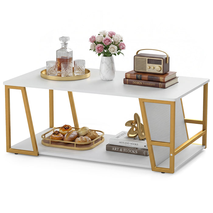2-Tier Coffee Table with Storage Shelf and Open Compartment-Natural