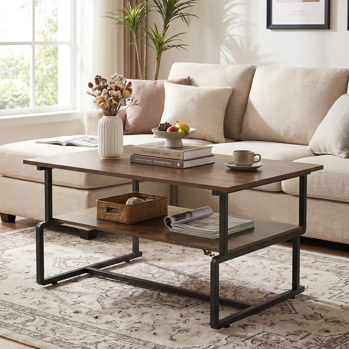 2-Tier Industrial Coffee Table with Heavy-Duty Metal Frame for Small Spaces-Rustic Brown