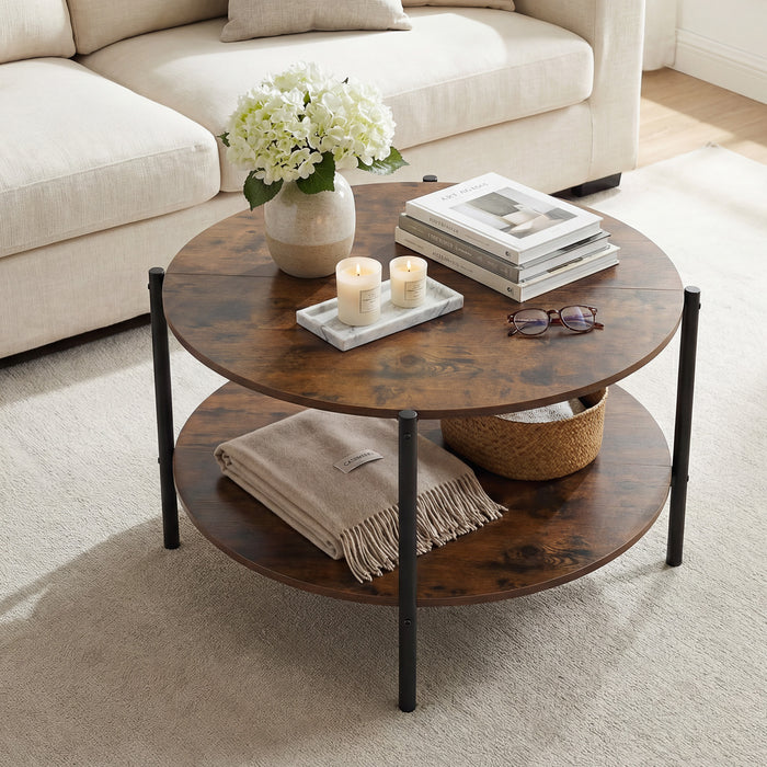 2-Tier Industrial Round Coffee Table with Open Storage Shelf-Grey