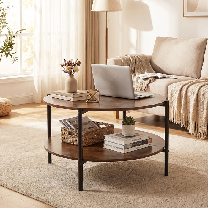 2-Tier Industrial Round Coffee Table with Open Storage Shelf-Grey