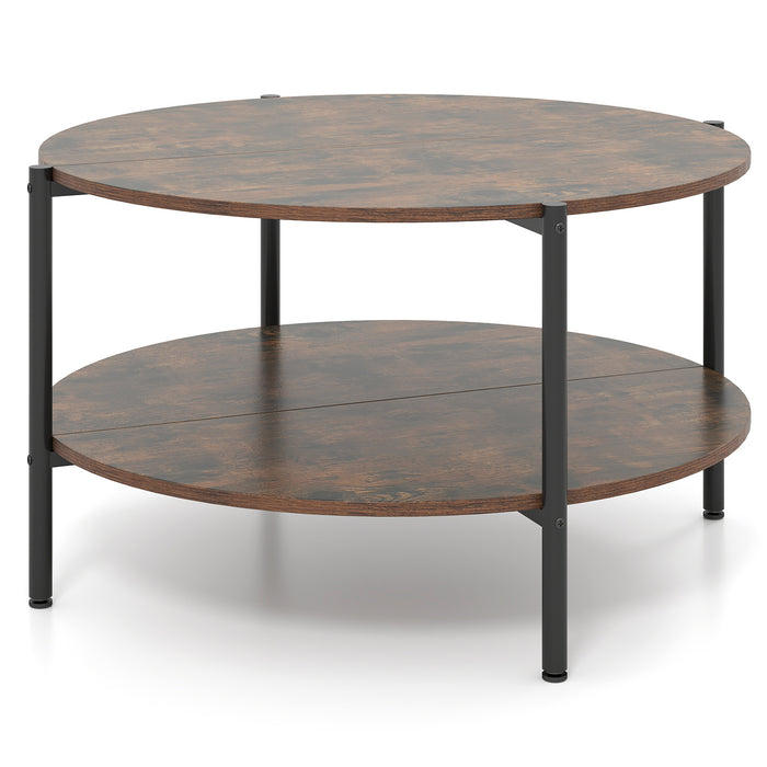 2-Tier Industrial Round Coffee Table with Open Storage Shelf-Grey