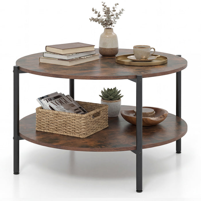 2-Tier Industrial Round Coffee Table with Open Storage Shelf-Grey