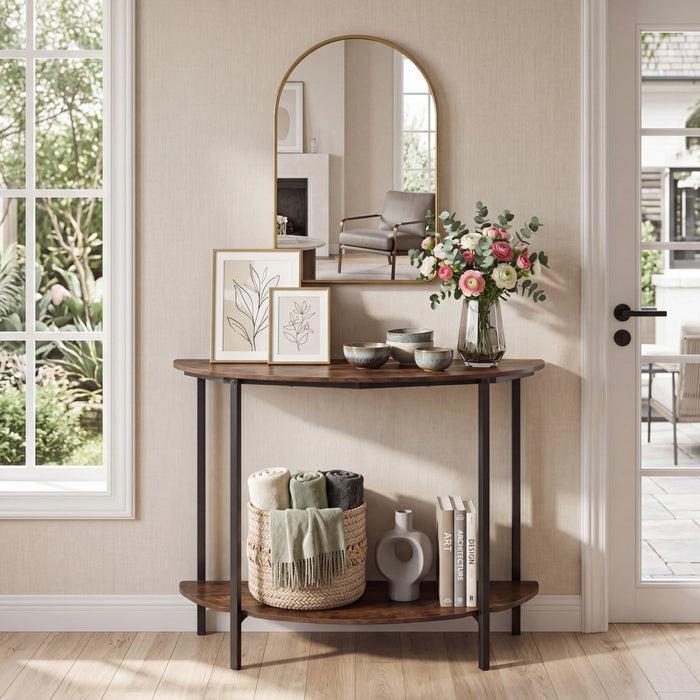 2-Tier Industrial Sofa Couch Table with Open Storage Shelf and Heavy-duty Metal Frame-Rustic Brown