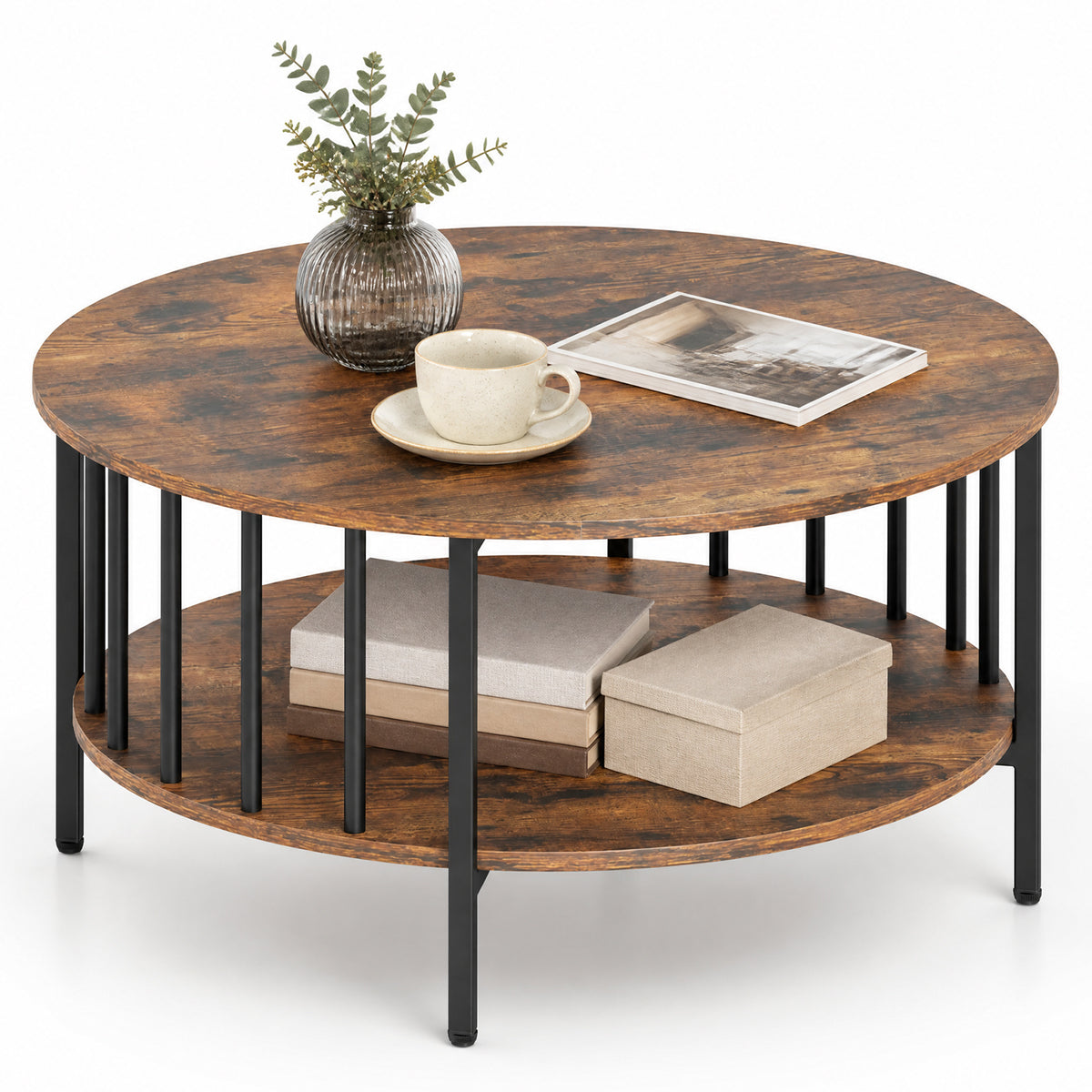 2-Tier Round Coffee Table with Open Shelf & Metal Frame for Living Room Small Spaces-Rustic Brown