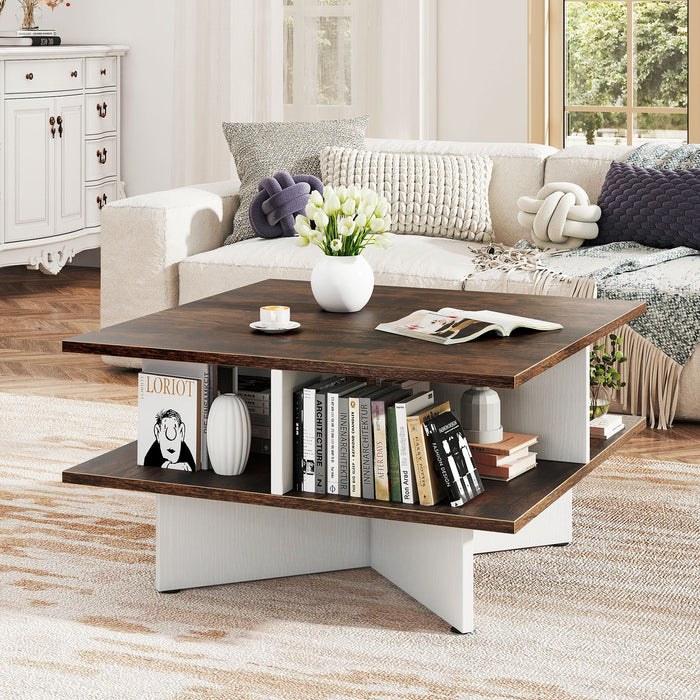 2-Tier Square Coffee Table with 4 Storage Compartments and Cross-shape Base-Coffee