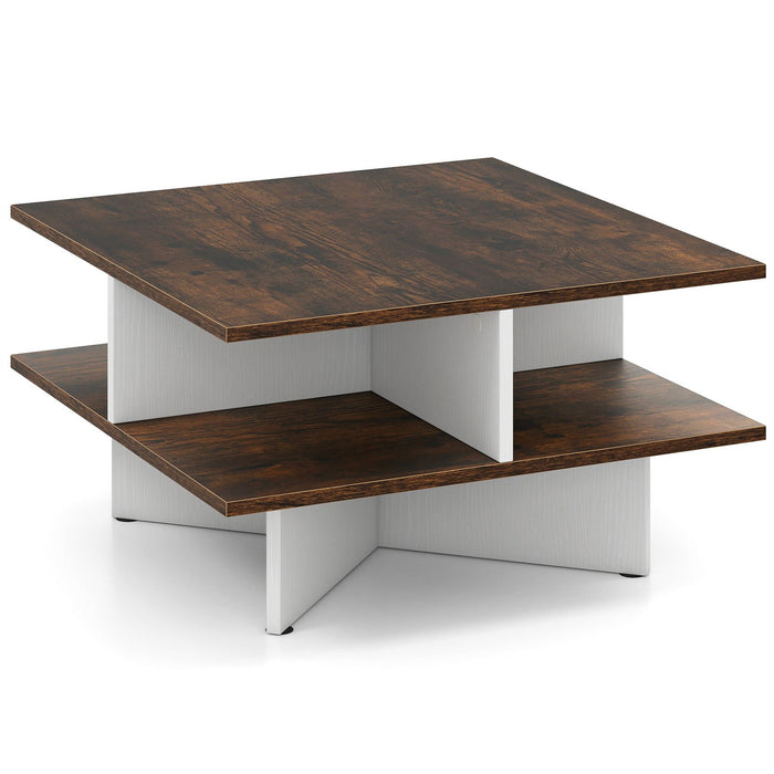 2-Tier Square Coffee Table with 4 Storage Compartments and Cross-shape Base-Coffee