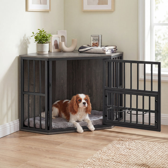 2-in-1 Dog Kennel and Decorative TV Stand with Dog Bowl Rack-