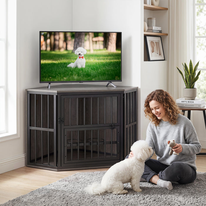 2-in-1 Dog Kennel and Decorative TV Stand with Dog Bowl Rack-