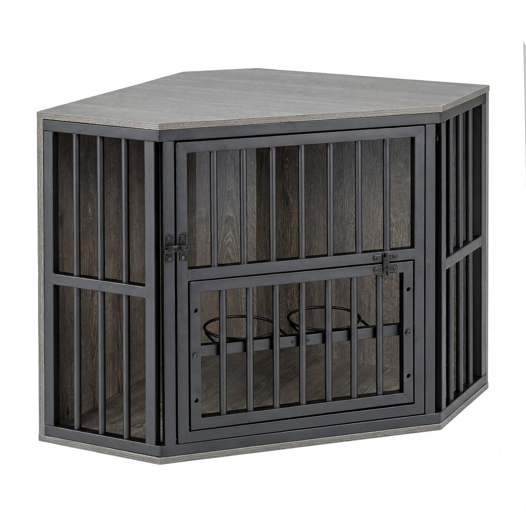 2-in-1 Dog Kennel and Decorative TV Stand with Dog Bowl Rack-